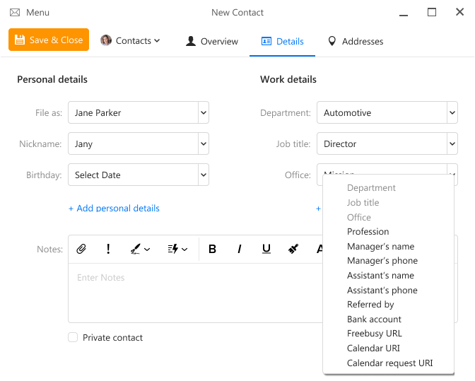 Data fields in contact editor