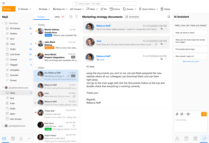 Interface d'eM Client pour ordinateur