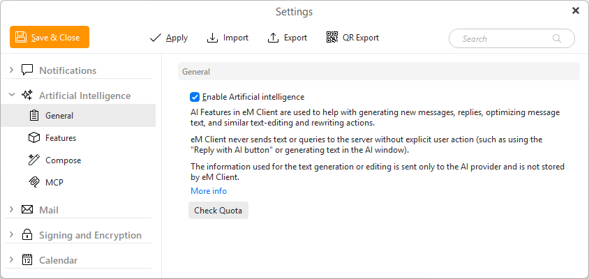 eM&nbsp;Client&nbsp;: Paramètres de l’intelligence artificielle&nbsp;– Général