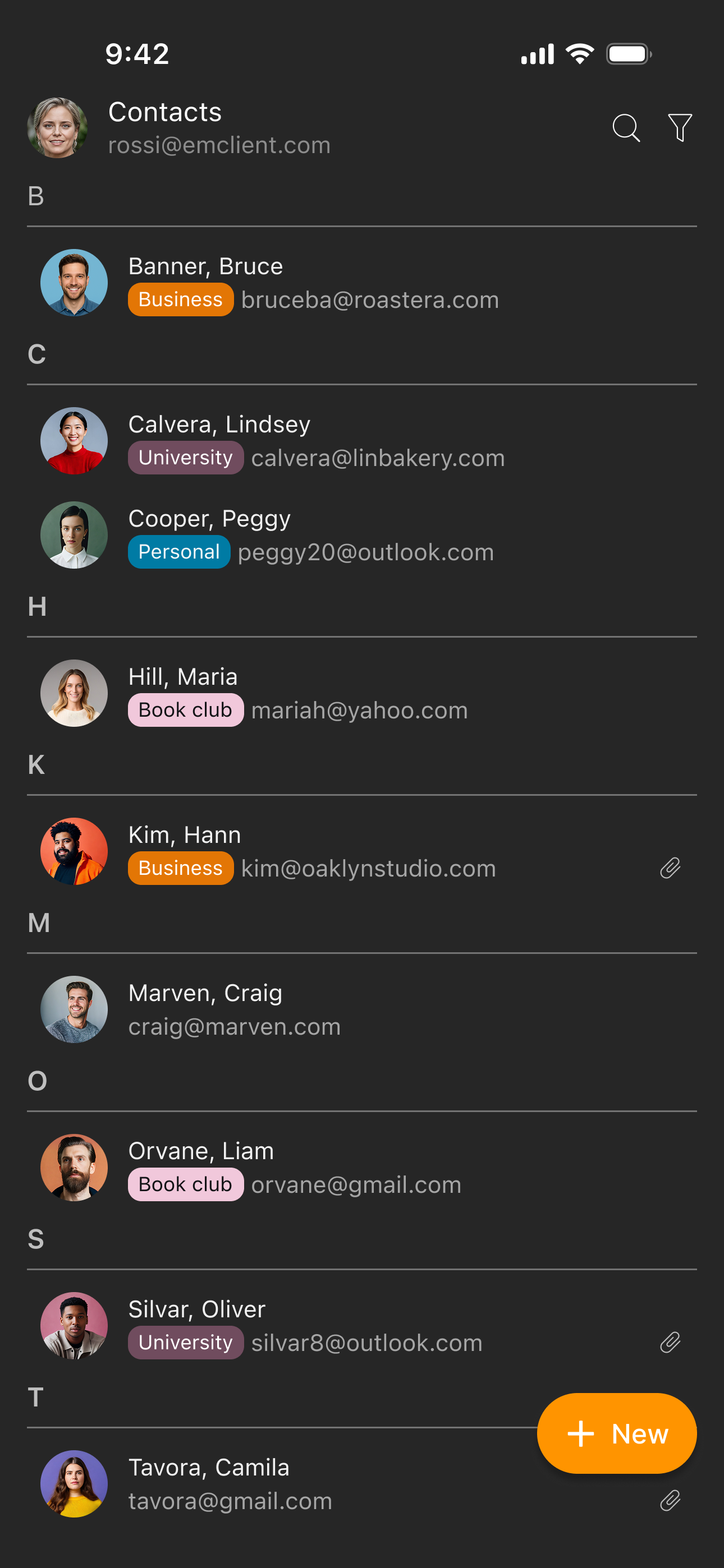 eM Client Mobile App: Contact list