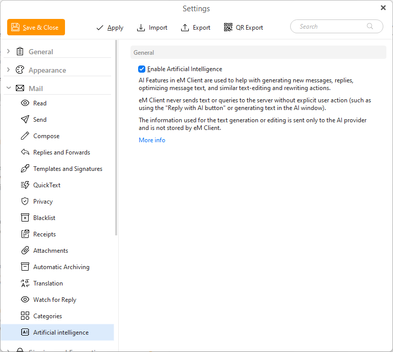 eM Client: Paramètres de l'intelligence artificielle